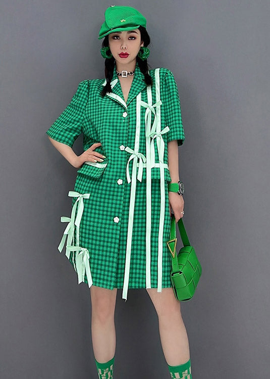 Green Peter Pan Bow Collar Plaid Button Shirt Short Sleeve