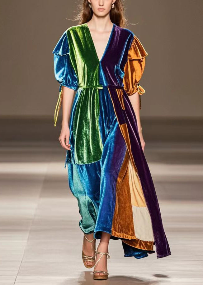 Original Design Puff Sleeve Patchwork Silk Velour Vacation Dresses Fall