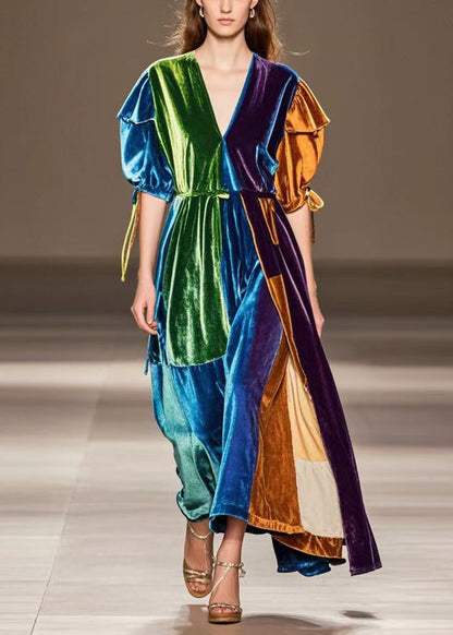 Original Design Puff Sleeve Patchwork Silk Velour Vacation Dresses Fall