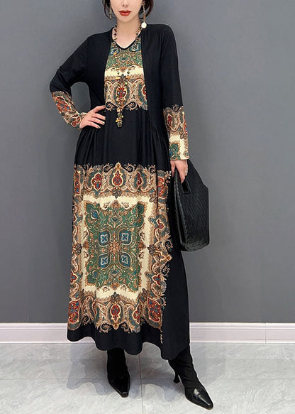Black O Neck Wrinkled Print Silk Dresses Spring