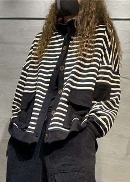 Black Button Stand Collar Pockets Coats Long Sleeve Fall