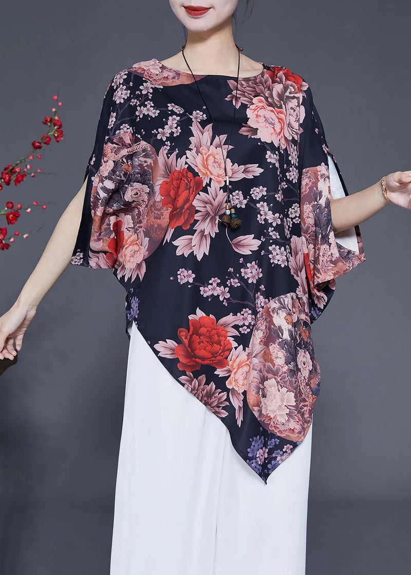 Black Asymmetrical Design Print Silk Top Summer
