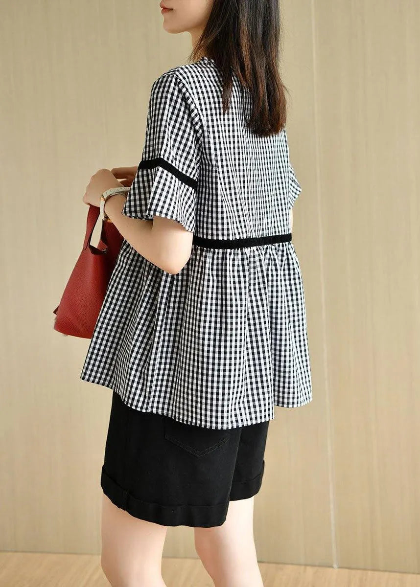 French Black White Plaid V Neck Summer Cotton Top Short Sleeve
