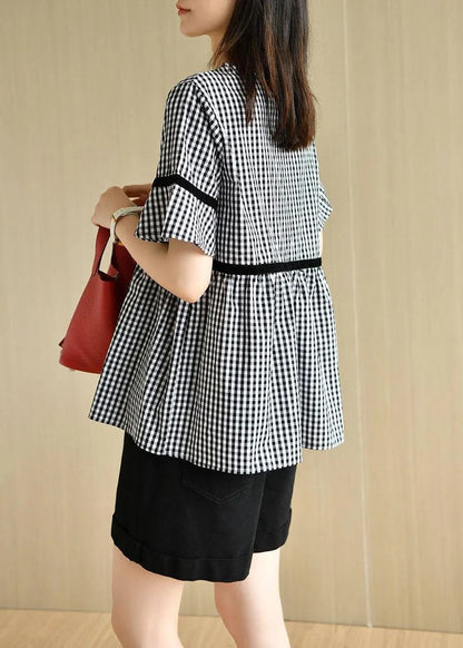 French Black White Plaid V Neck Summer Cotton Top Short Sleeve
