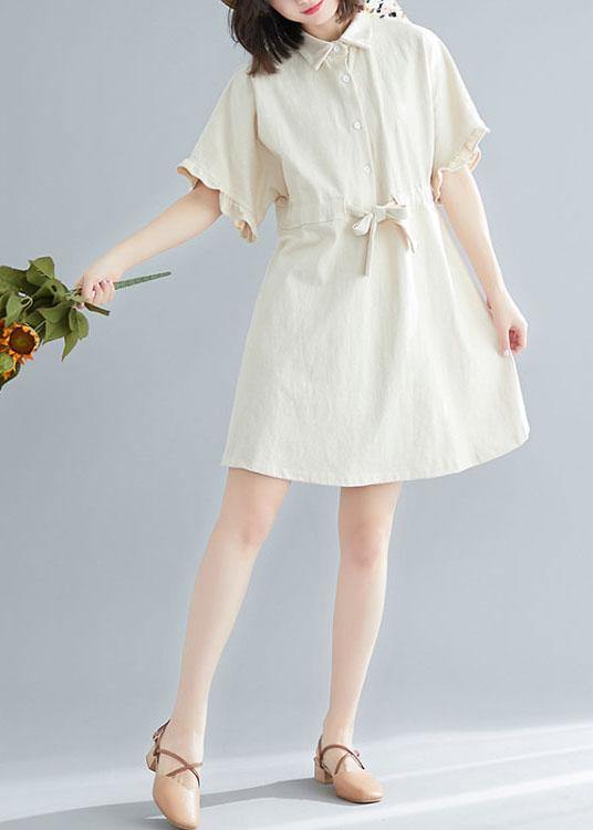 Comfy Beige Tie Waist Cotton Button Summer Day Dress