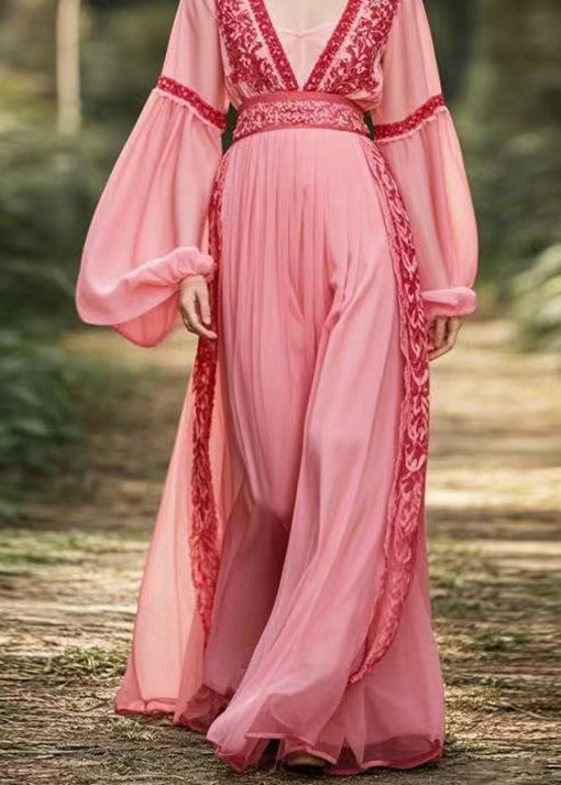 New Pink V Neck Patchwork Chiffon Long Dresses Lantern Sleeve Spring