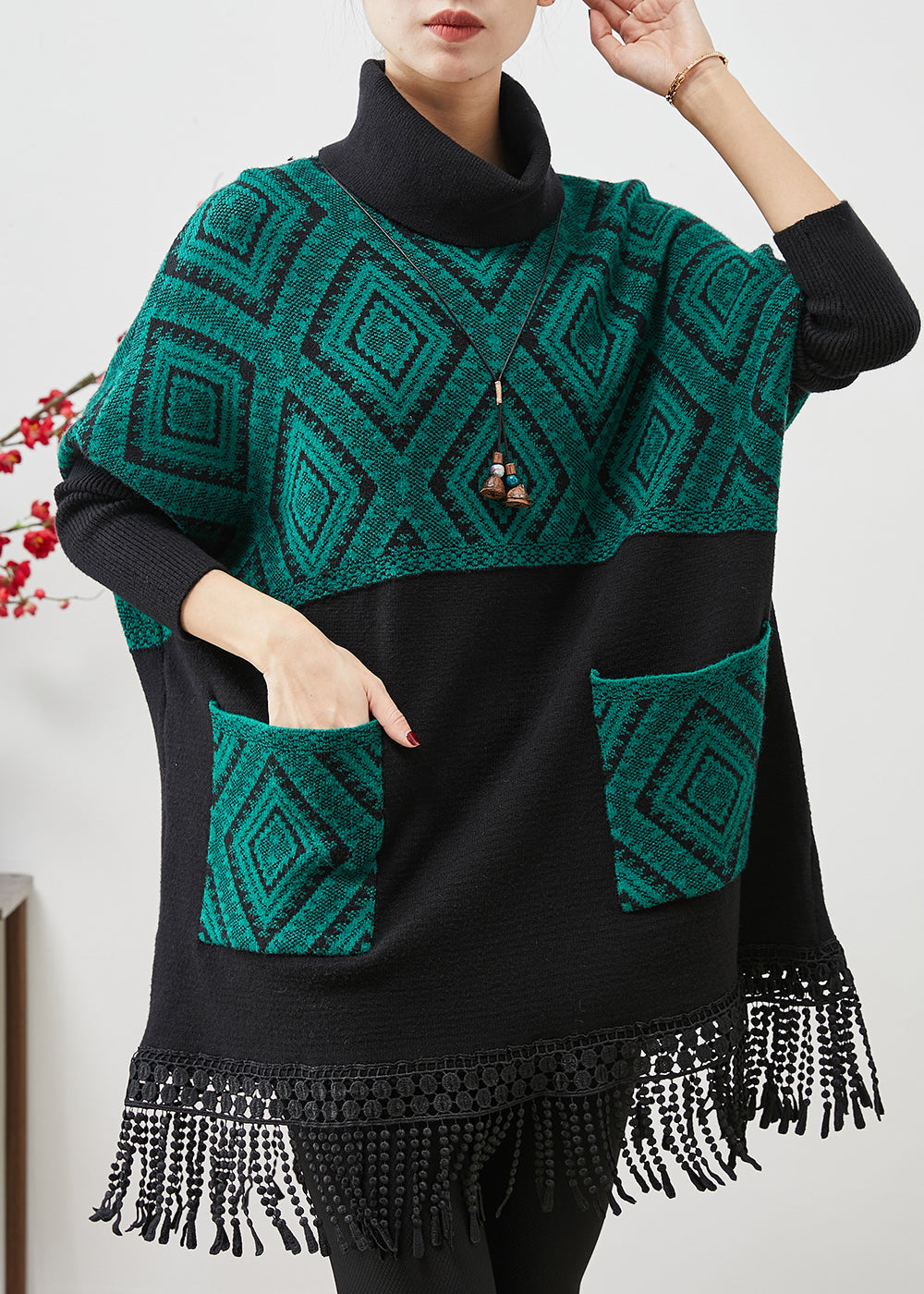 Peacock Green Tasseled Patchwork Knit Mid Dress Spring