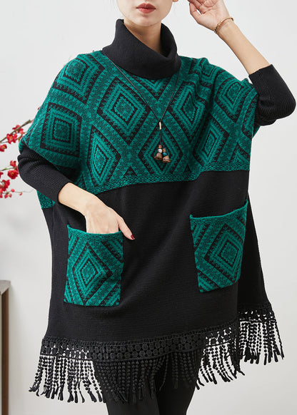Peacock Green Tasseled Patchwork Knit Mid Dress Spring