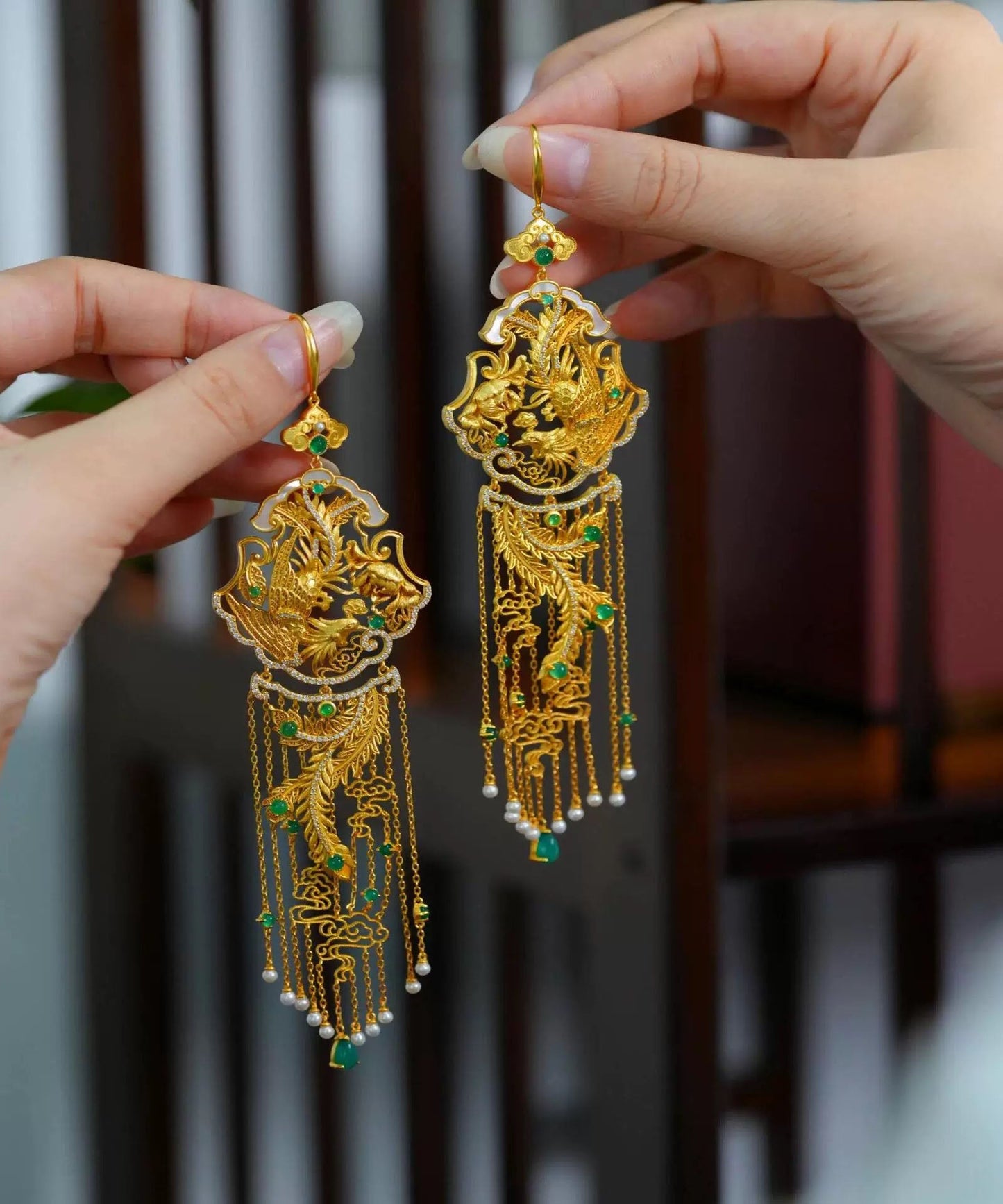 Chinese Style Gold Sterling Silver Overgild Pearl Phoenix Tassel Drop Earrings