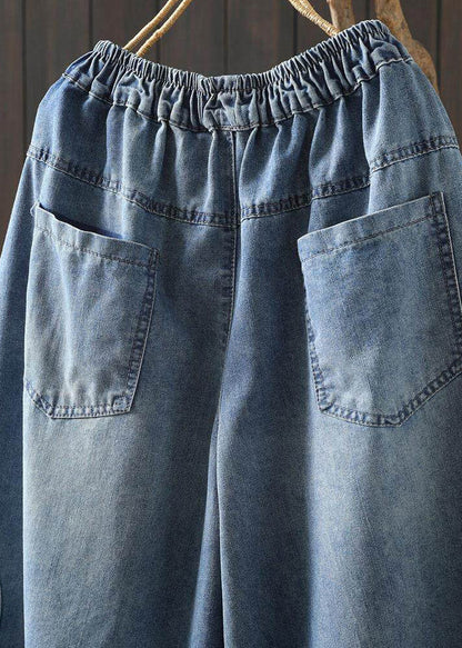 Blue Graphic Patchwork Elastic Waist Crop Jeans