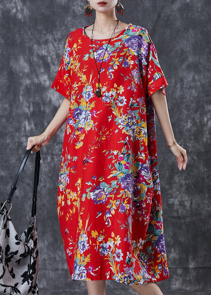 Red Print Cotton Maxi Dress Oversized Summer