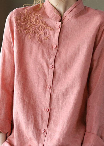 Pink Button Embroideried Fall Linen Tops Long Sleeve