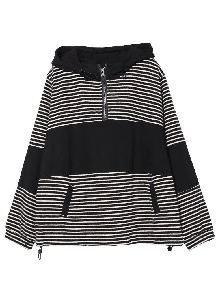 Black Patchwork Striped Hooded Pockets Fall Pullover