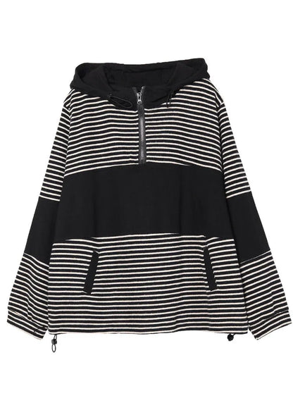 Black Patchwork Striped Hooded Pockets Fall Pullover