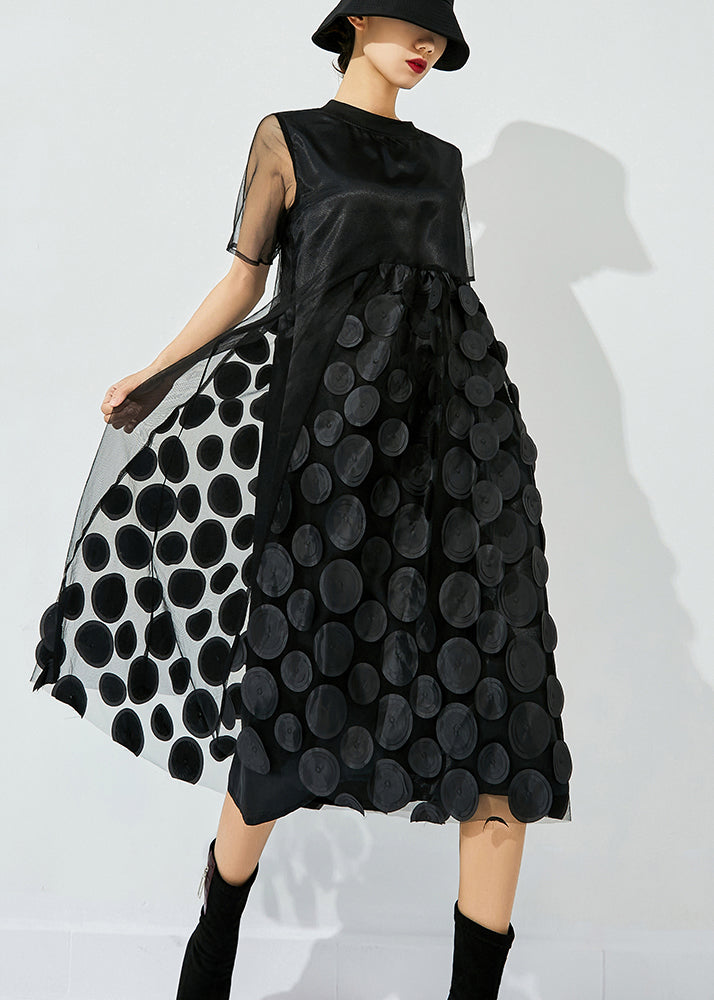 Black O-neck Patchwork Dot Tulle Holiday Dress Summer