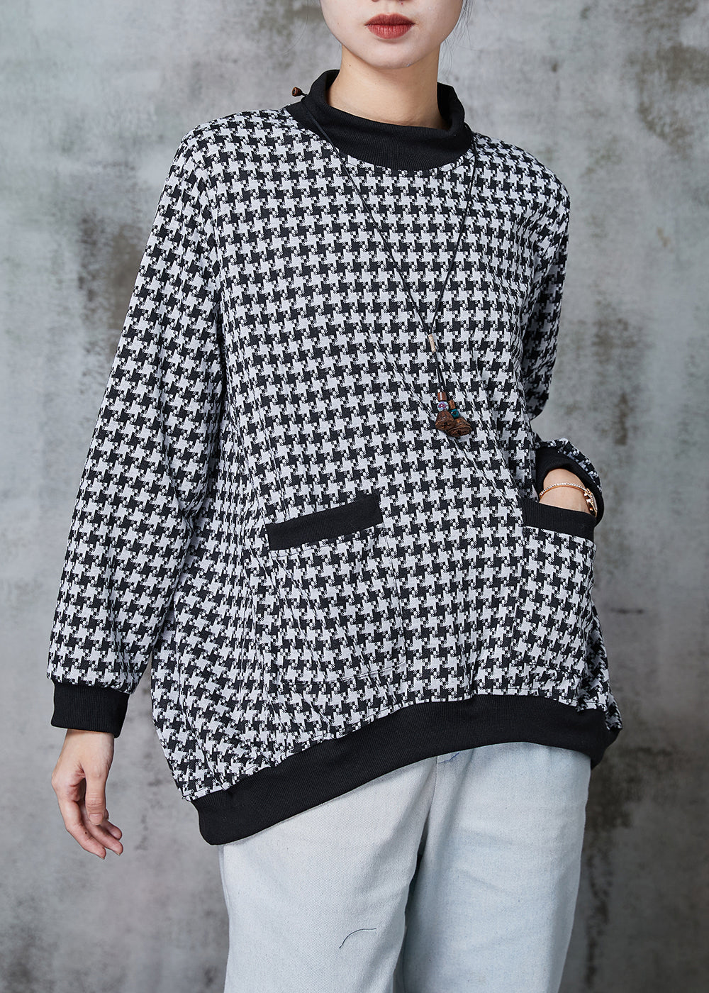 Black Oversized Plaid Cotton Sweatshirt Spring