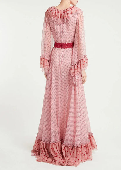 Pink Ruffled Dot Patchwork Chiffon Dresses Spring