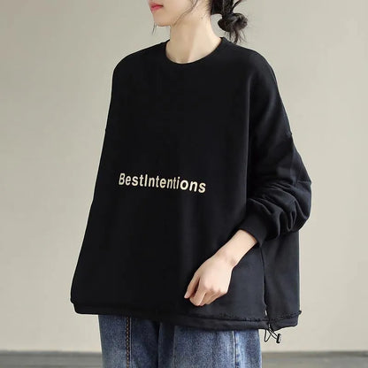 Organic Drawstring Cotton Alphabet Prints Top Silhouette Sleeve Black Sweatshirt