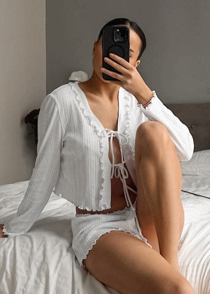 White Ruffled Lace Up Knit 2 Piece Outfit Summer