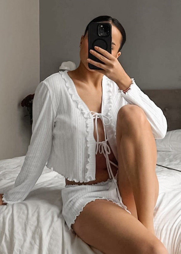 White Ruffled Lace Up Knit 2 Piece Outfit Summer