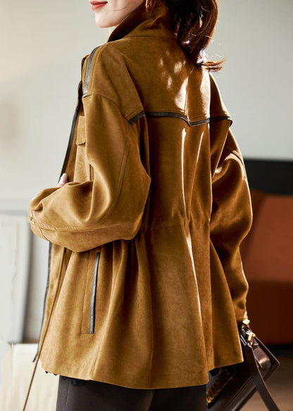 Loose Caramel Stand Collar Drawstring Pockets Cotton Coat Spring