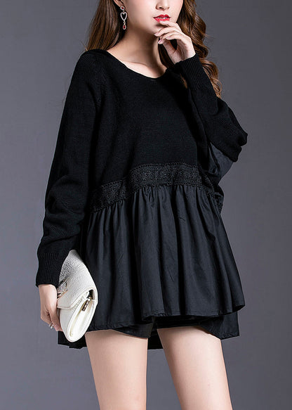 Black Hooded Patchwork Knit Pullover Spring