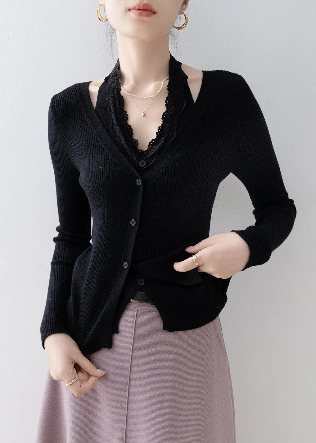 Boutique Black Lace Patchwork False Two Pieces Knitted Tops Spring