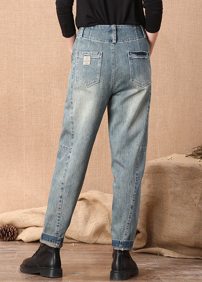 Blue High Waist Button Pockets Patchwork Cotton Denim Pants Summer