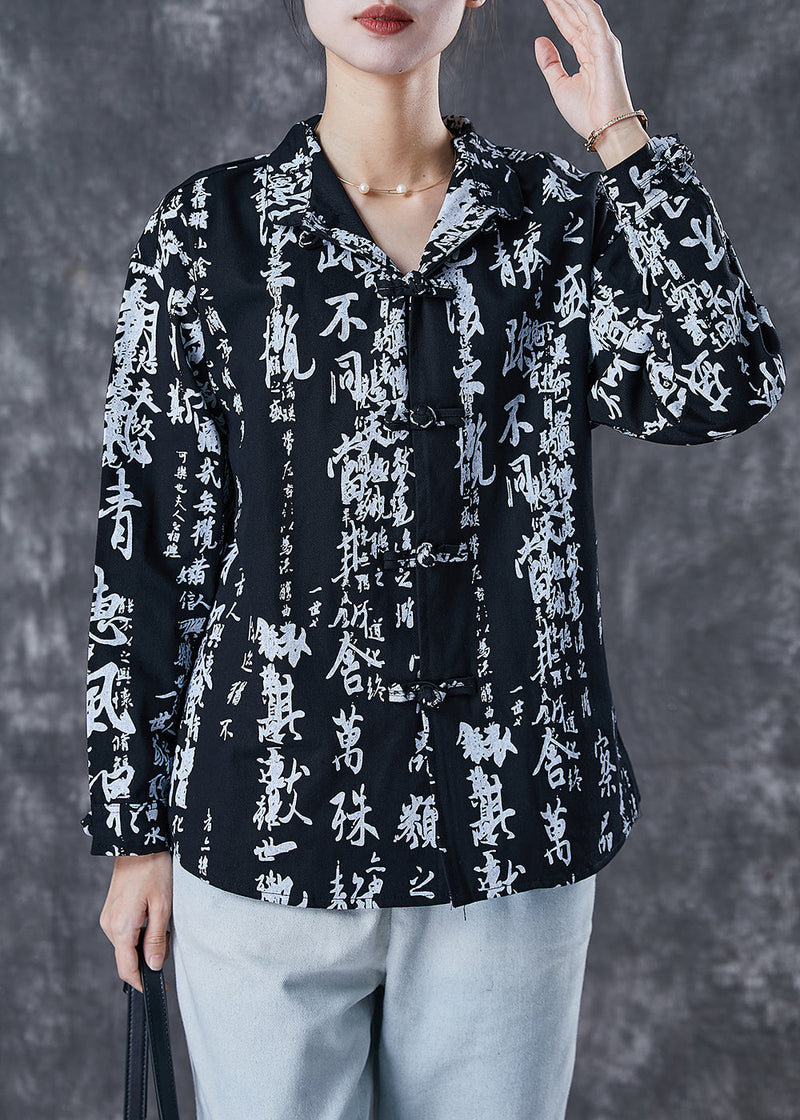 Black Print Chinese Button Cotton Shirt Spring