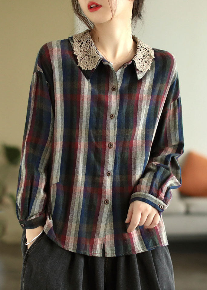 Colorblock Plaid Lace Patchwork Cotton Shirts Spring