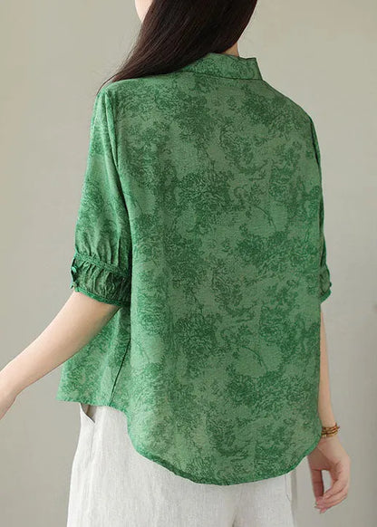 Green Print Cotton Shirts Peter Pan Collar Summer