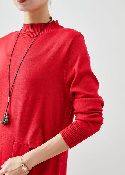 Red Asymmetrical Side Open Silm Fit Knit Dresses Fall