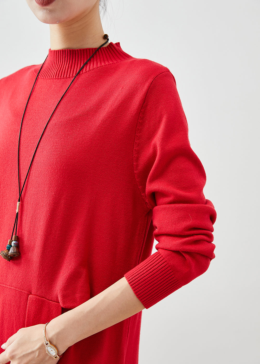 Red Asymmetrical Side Open Silm Fit Knit Dresses Fall