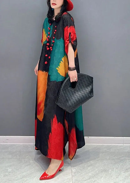 Colorblock O Neck Print Patchwork Cotton Maxi Dress Spring