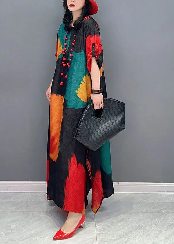 Colorblock O Neck Print Patchwork Cotton Maxi Dress Spring