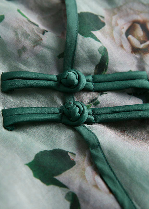 Green Print Chinese Button Patchwork Tulle T Shirt Summer