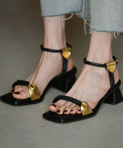 Splicing Chunky Sandals Black Cowhide Leather