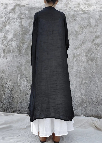 Loose Black Low High Design Peter Pan Collar Linen Tops Long Sleeve Fall