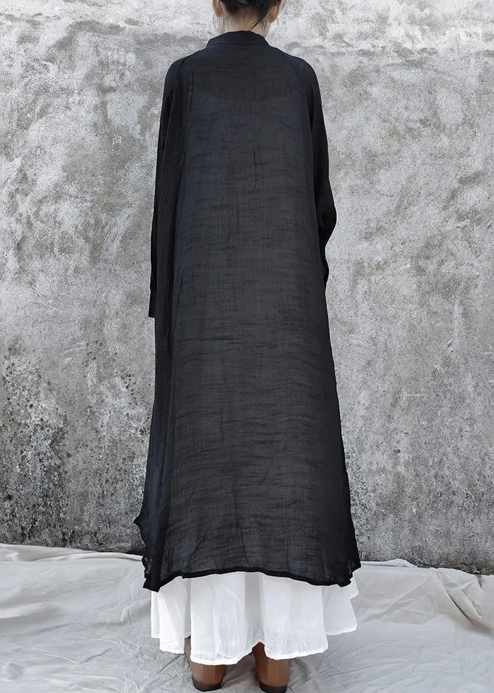 Loose Black Low High Design Peter Pan Collar Linen Tops Long Sleeve Fall