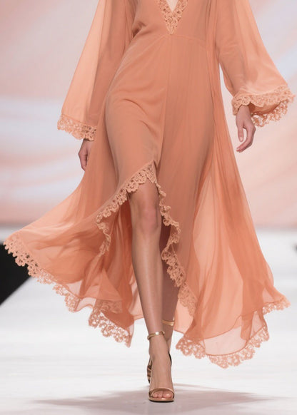 Fine Orange Lace Side Open Chiffon Long Dresses