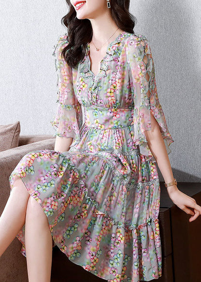 Colorblock V Neck Ruffled Patchwork Print Silk Dress Summer