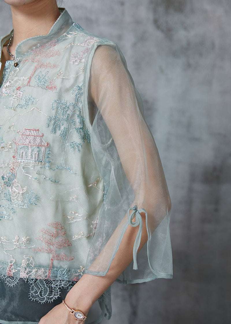 Green Mandarin Collar Embroidered Tulle Shirt Tops Summer