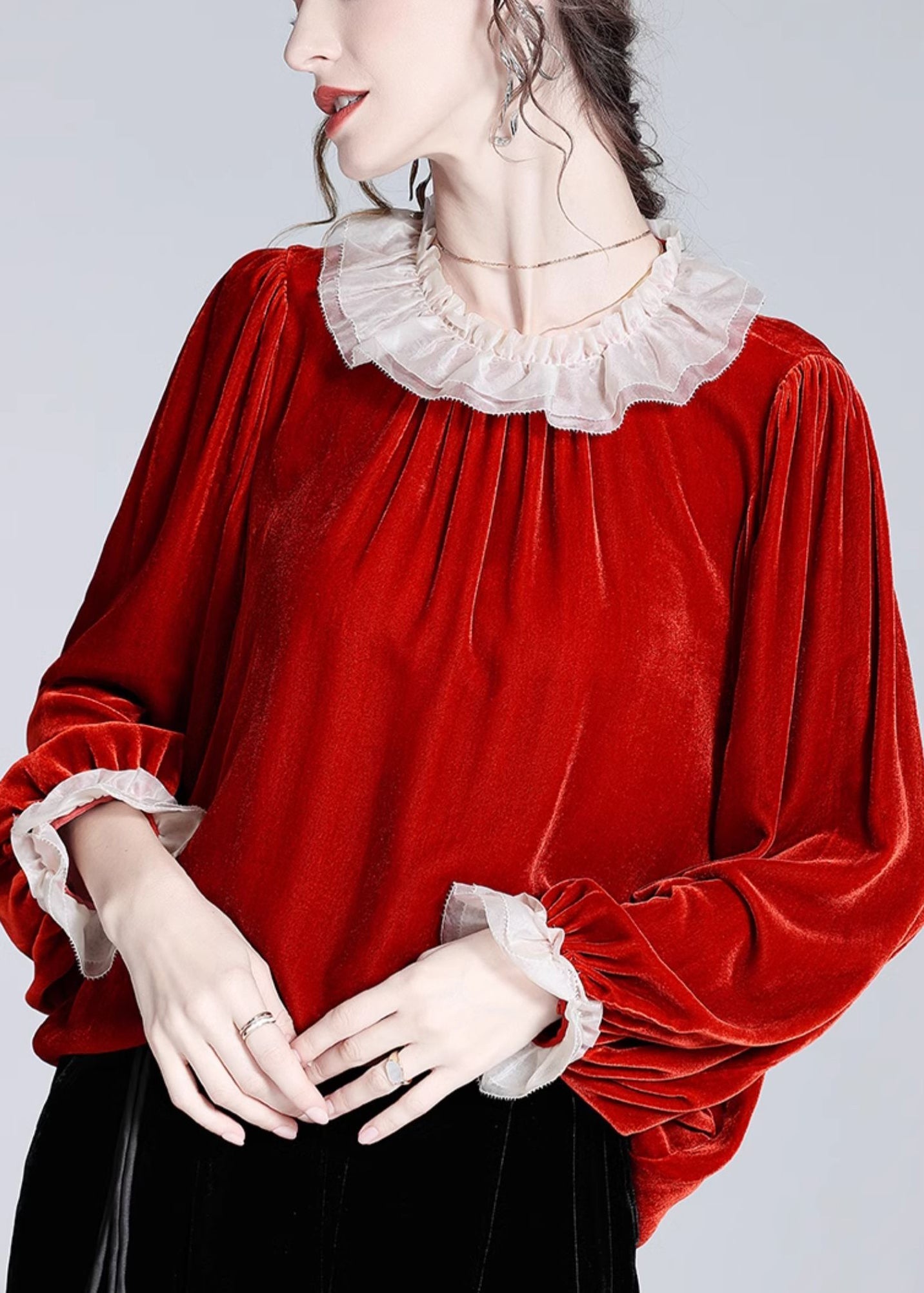 Loose Red Ruffled Patchwork Silk Velour Top Butterfly Sleeve