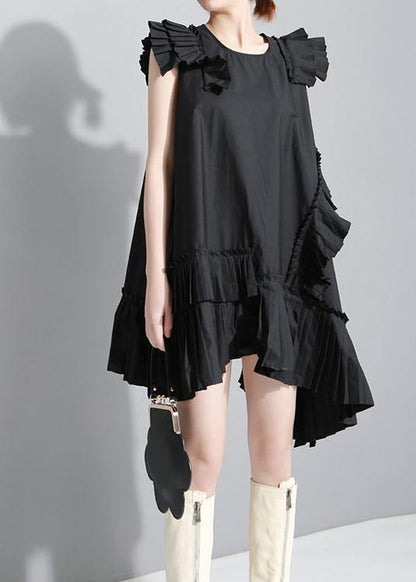 Summer Black Sleeveless Pleated Ruffles Dress