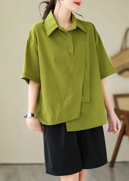 Green Patchwork Cotton Blouse Tops Peter Pan Collar Summer