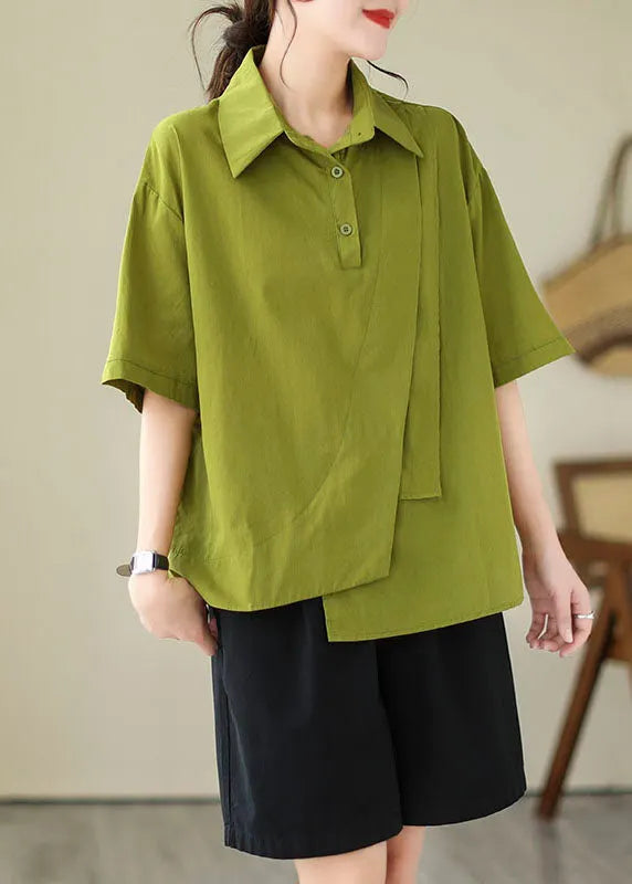 Green Patchwork Cotton Blouse Tops Peter Pan Collar Summer