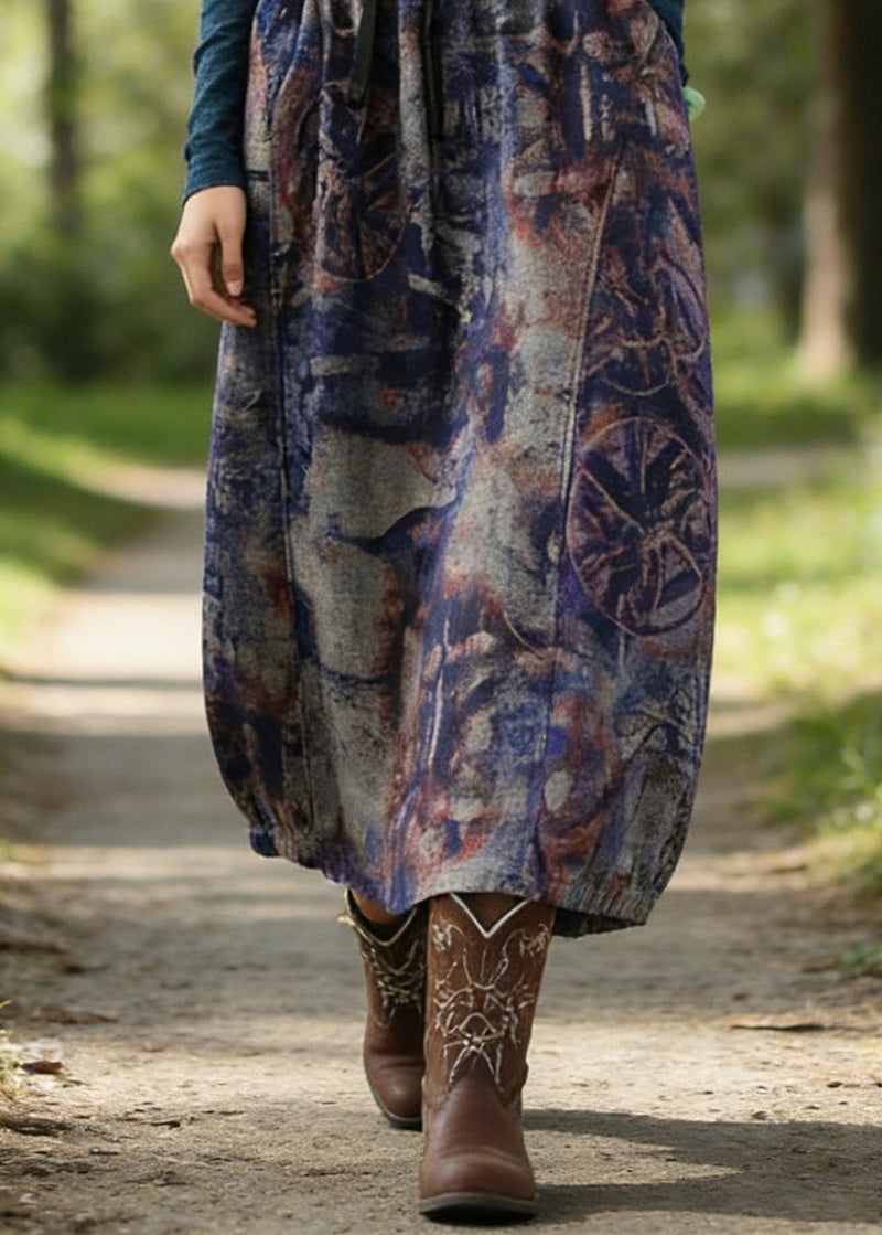 Art Purple High Waist Pockets Patchwork Print Linen Skirt Summer