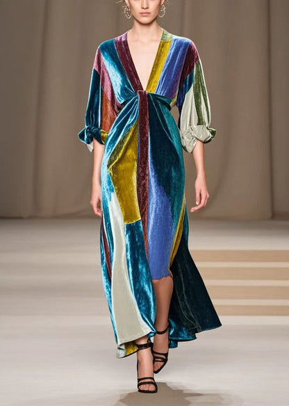 Simple Colorblock V Neck Patchwork Silk Velour Party Dress Fall