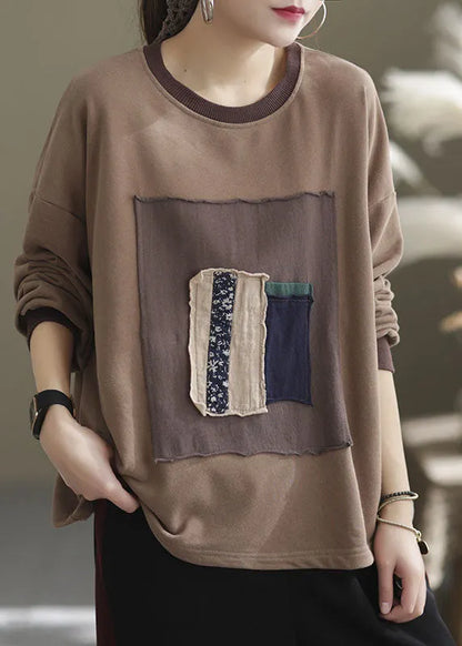 Red O-neck Patch Applique Cotton Shirt Spring