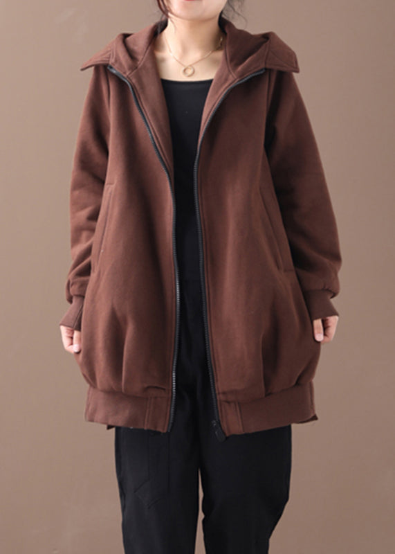 Chocolate Zippered Low High Design Hooded Coats Long Sleeve
